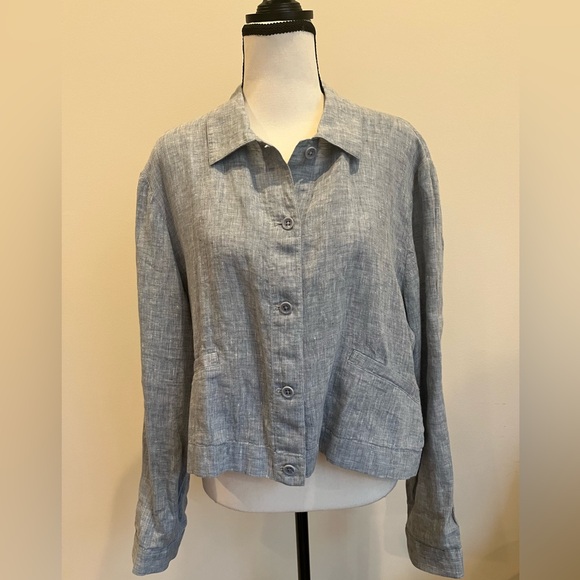 Eileen Fisher Blue Gray Button Up Linen Cropped Shirt Jacket Medium - Picture 14 of 14